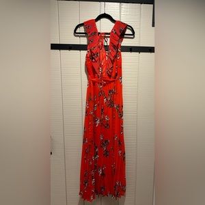 Lulu’s Loved By You Red Orange Floral Print Pleated Chiffon Maxi Dress